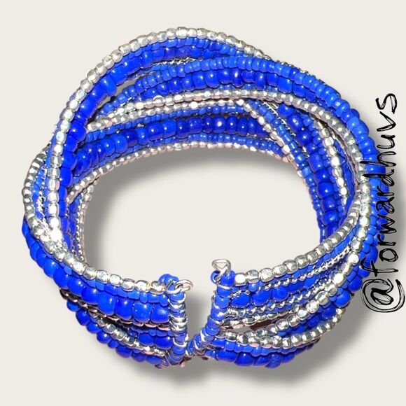 Bundle Sale 3 for $15 | Hand Crafted Blue & Silver Seed Bead Cuff Bracelet - Picture 4 of 8